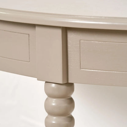 Narrow light beige wooden half moon console table with lower shelf, slim 30cm pine hallway table with turned legs 80x80x30cm | Click Style