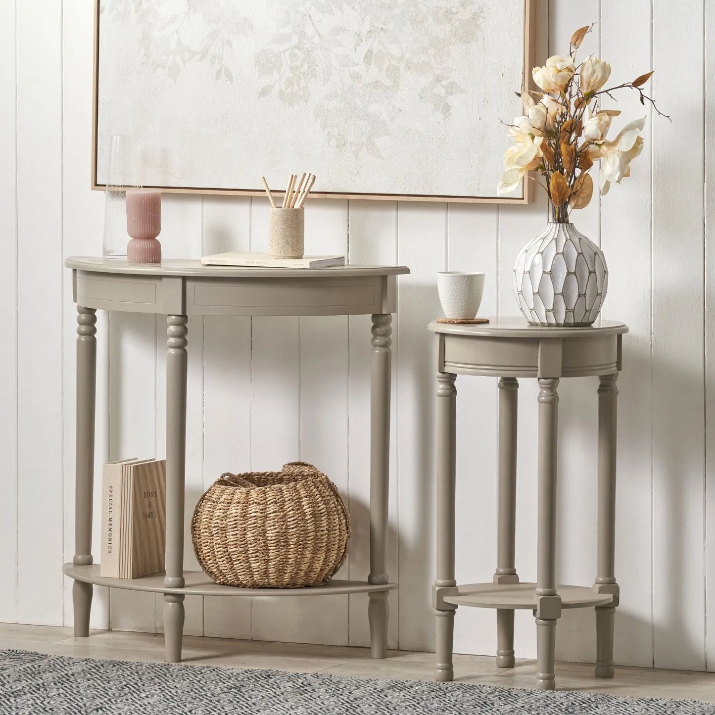 Narrow light beige wooden half moon console table with lower shelf, slim 30cm pine hallway table with turned legs 80x80x30cm | Click Style