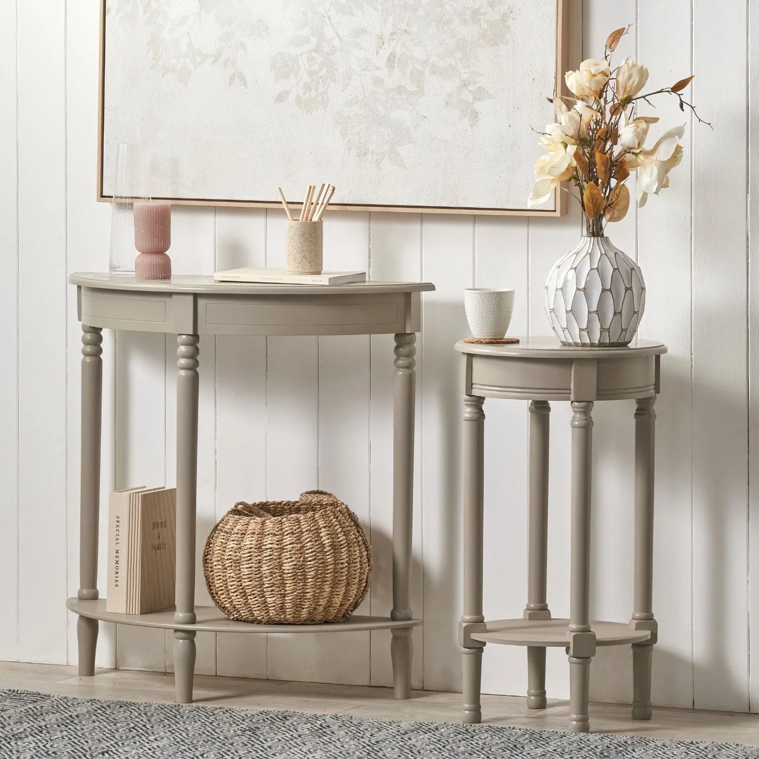 Narrow light beige wooden half moon console table with lower shelf, slim 30cm pine hallway table with turned legs 80x80x30cm | Click Style