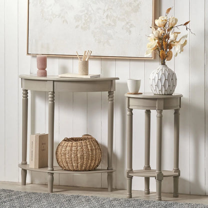 Narrow light beige wooden half moon console table with lower shelf, slim 30cm pine hallway table with turned legs 80x80x30cm | Click Style