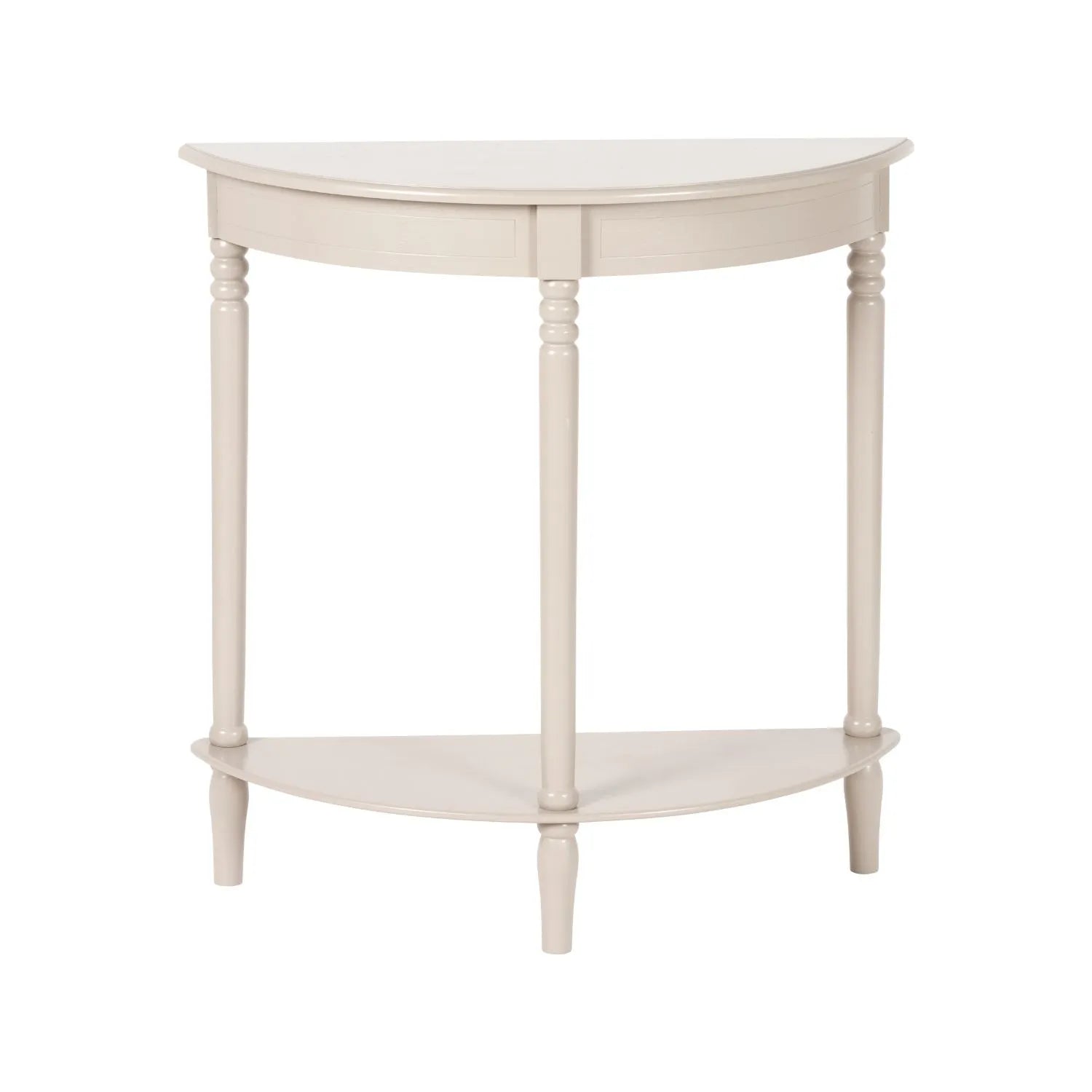 Narrow light beige wooden half moon console table with lower shelf, slim 30cm pine hallway table with turned legs 80x80x30cm | Click Style