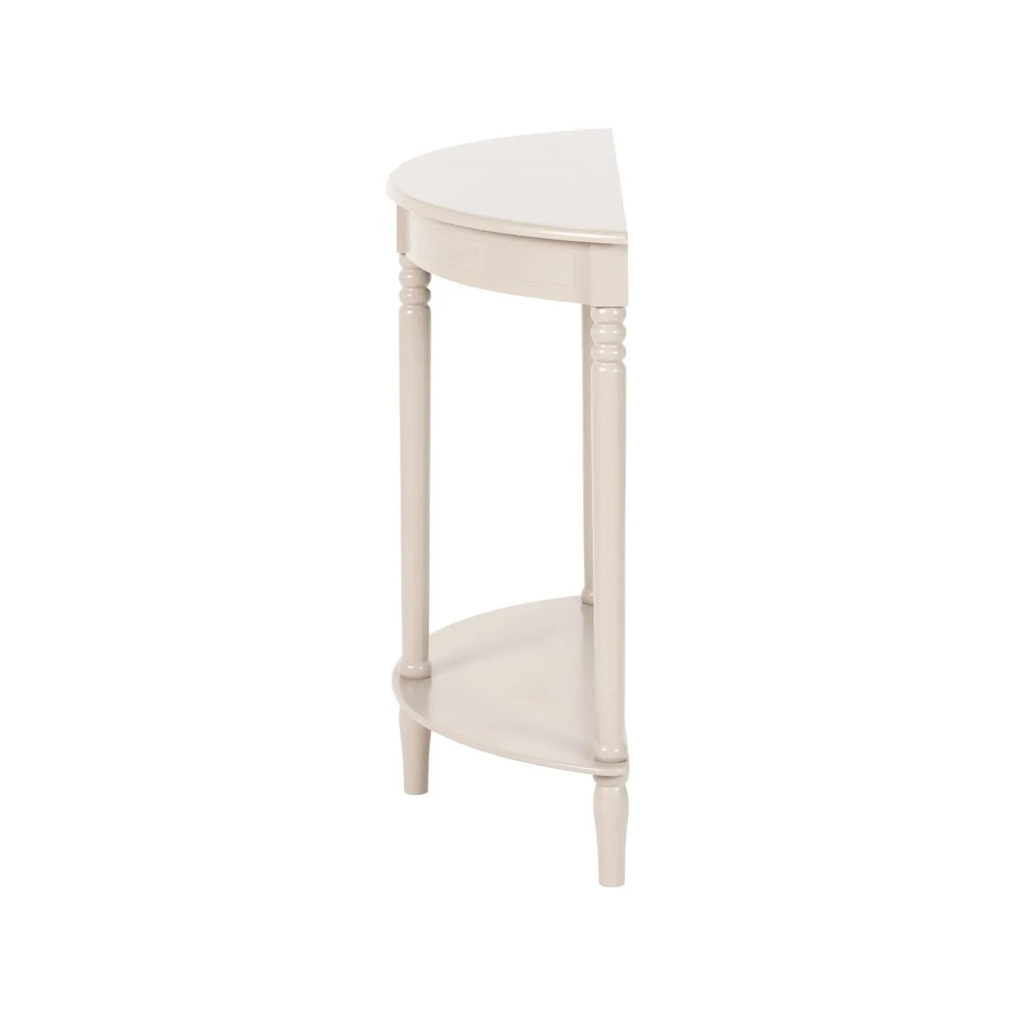 Narrow light beige wooden half moon console table with lower shelf, slim 30cm pine hallway table with turned legs 80x80x30cm | Click Style
