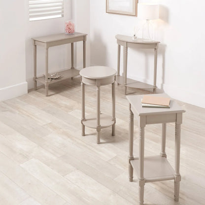 Narrow light beige wooden half moon console table with lower shelf, slim 30cm pine hallway table with turned legs 80x80x30cm | Click Style