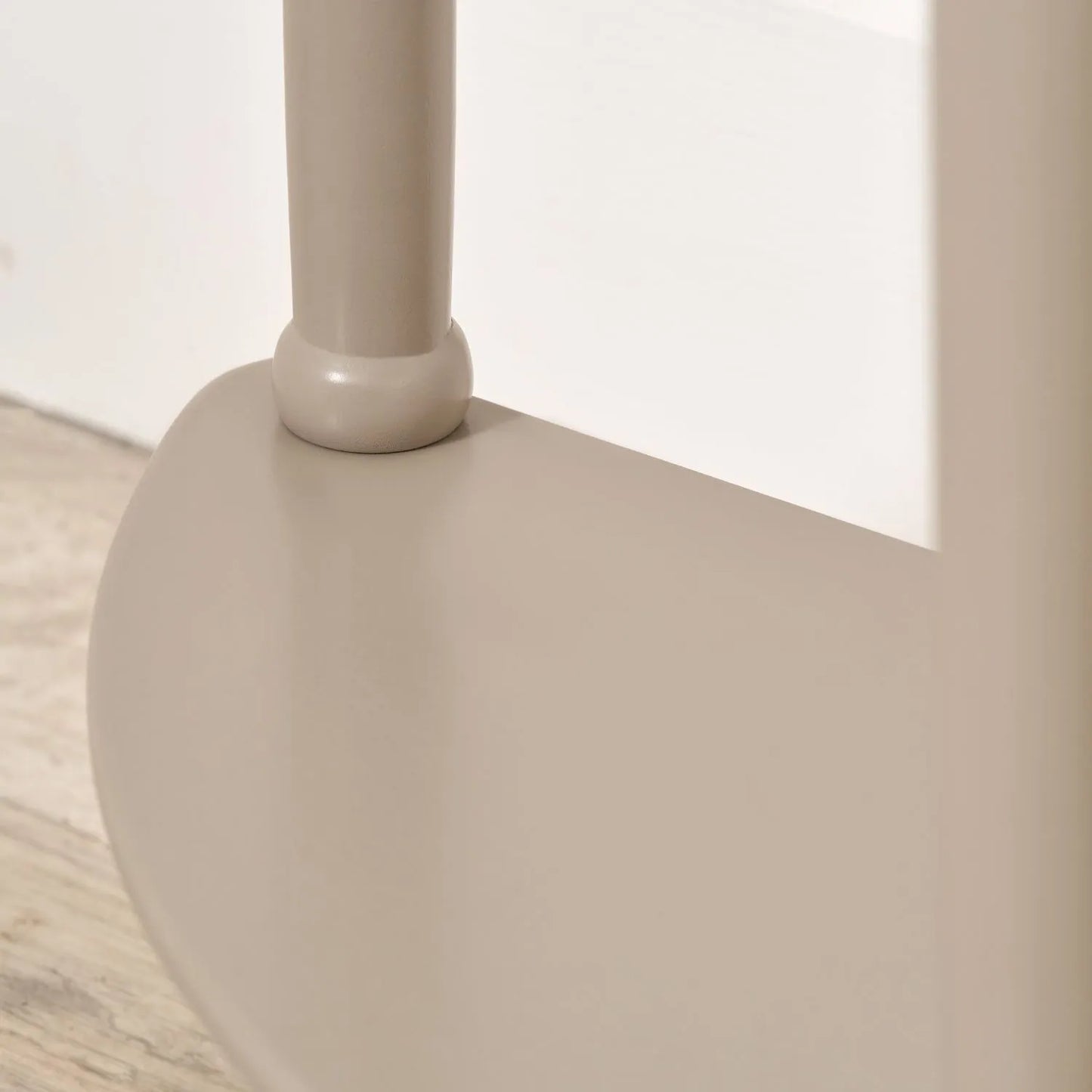 Narrow light beige wooden half moon console table with lower shelf, slim 30cm pine hallway table with turned legs 80x80x30cm | Click Style