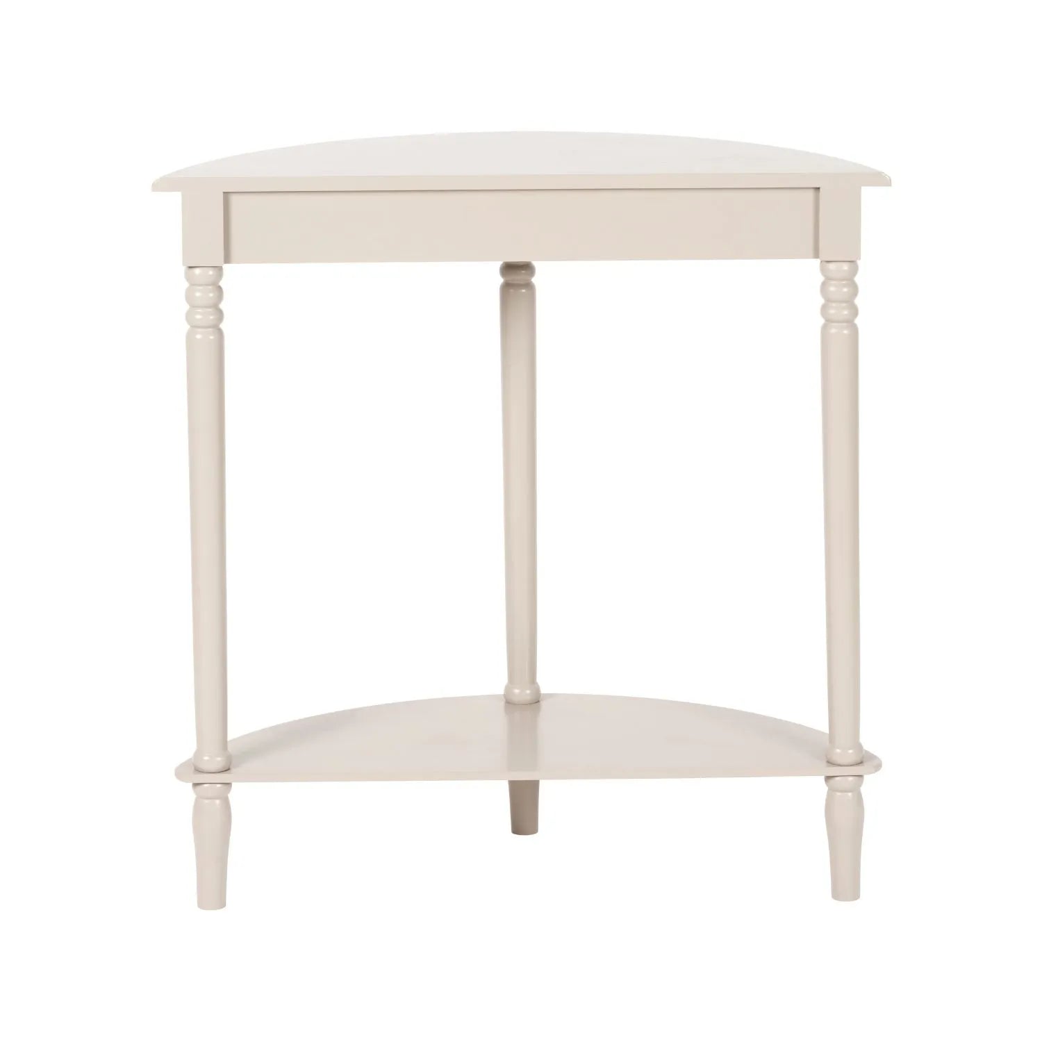 Narrow light beige wooden half moon console table with lower shelf, slim 30cm pine hallway table with turned legs 80x80x30cm | Click Style