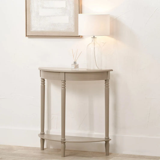 Narrow light beige wooden half moon console table with lower shelf, slim 30cm pine hallway table with turned legs 80x80x30cm | Click Style