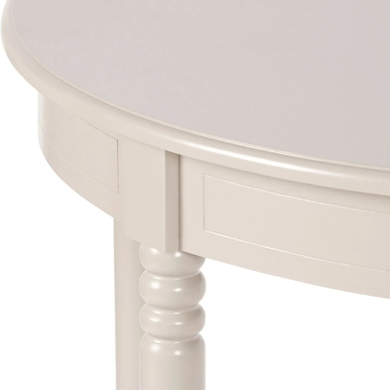 Narrow light beige wooden half moon console table with lower shelf, slim 30cm pine hallway table with turned legs 80x80x30cm | Click Style