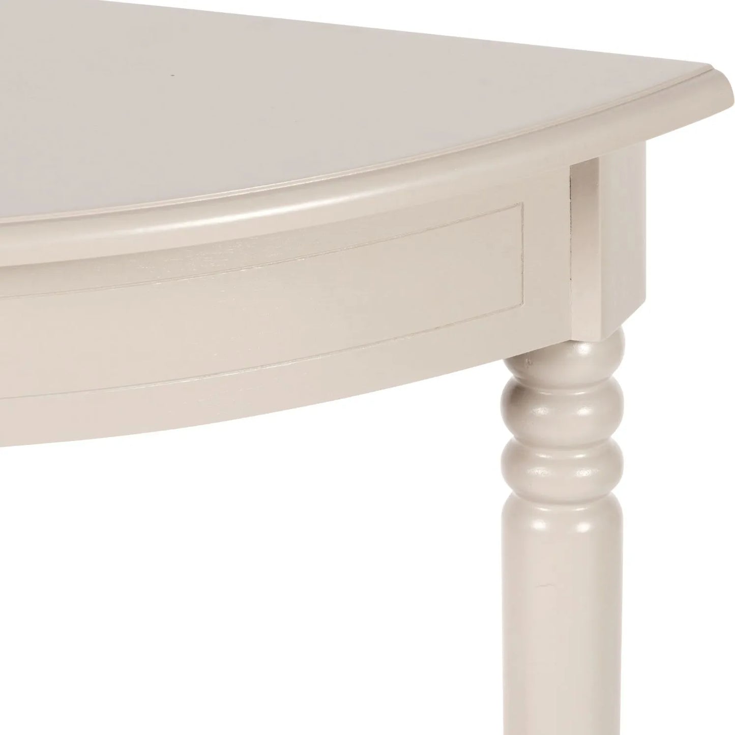 Narrow light beige wooden half moon console table with lower shelf, slim 30cm pine hallway table with turned legs 80x80x30cm | Click Style