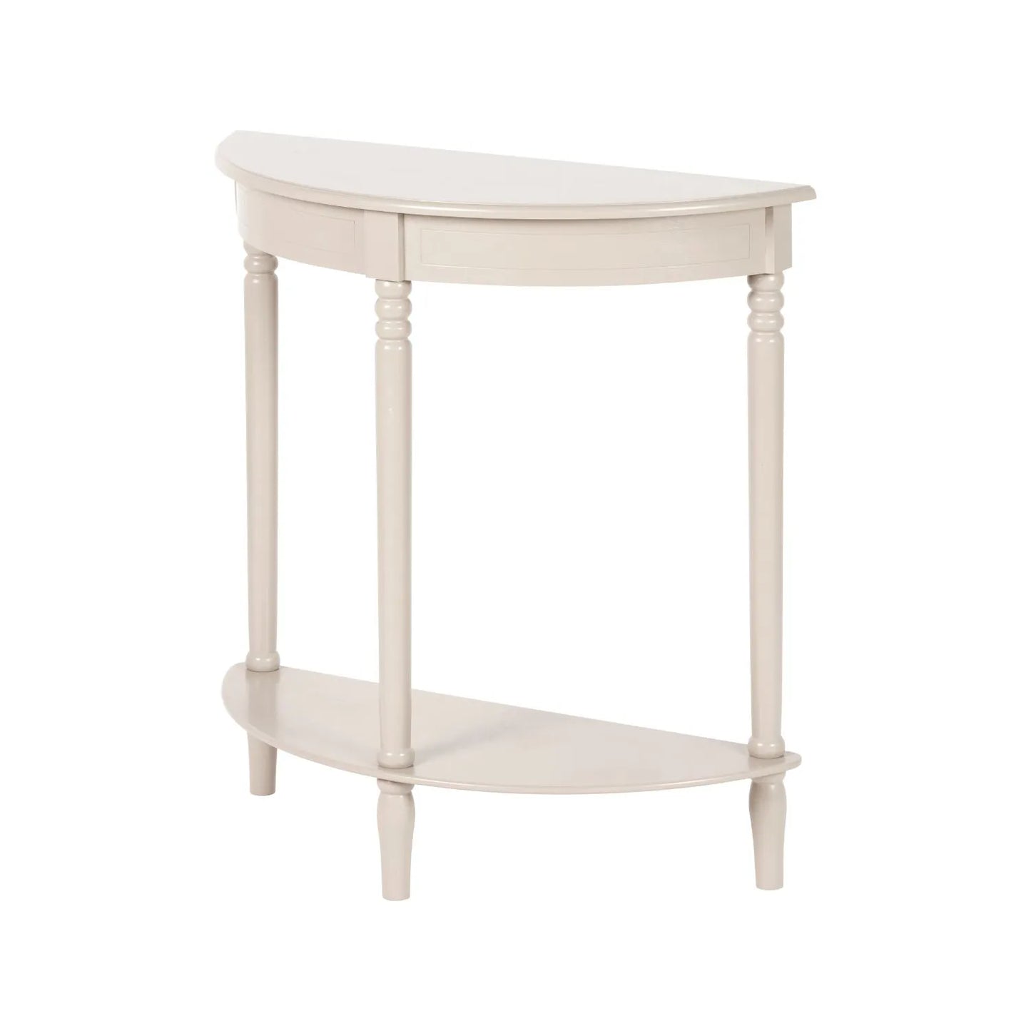 Narrow light beige wooden half moon console table with lower shelf, slim 30cm pine hallway table with turned legs 80x80x30cm | Click Style