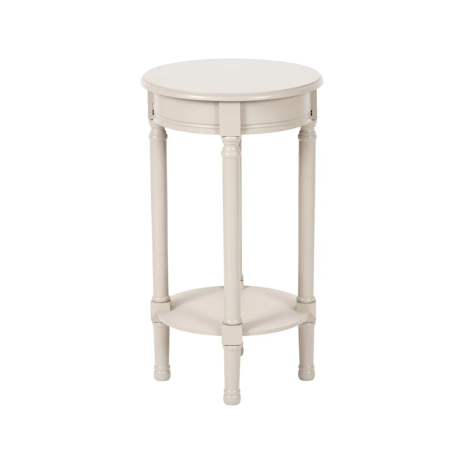 Narrow light beige wooden round side table with shelf – slim pine bedside, accent or occasional table with turned legs and lower storage 72x40x40cm | Click Style