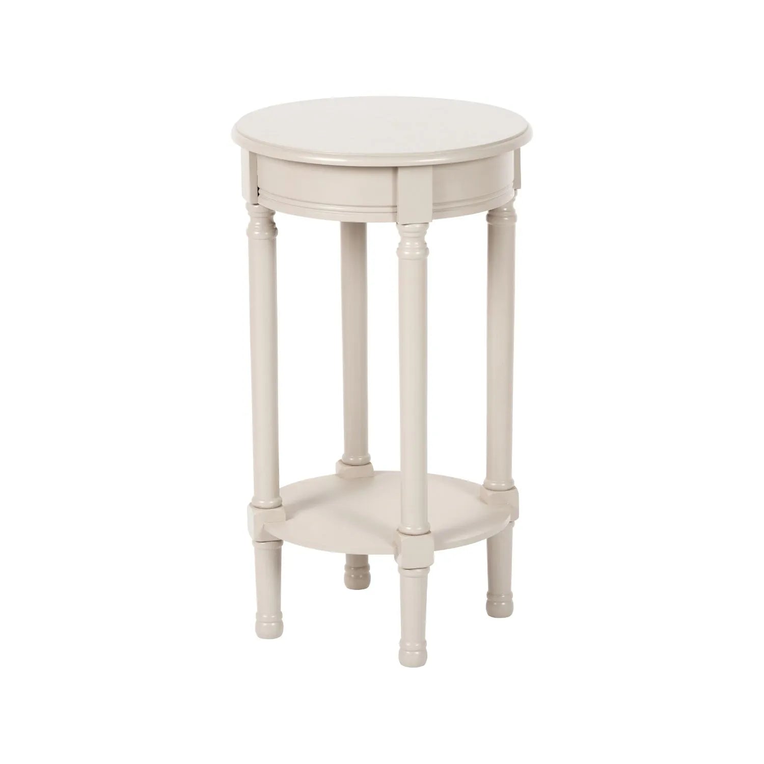 Narrow light beige wooden round side table with shelf – slim pine bedside, accent or occasional table with turned legs and lower storage 72x40x40cm | Click Style