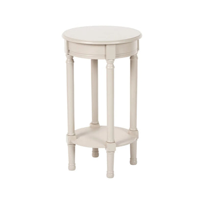 Narrow light beige wooden round side table with shelf – slim pine bedside, accent or occasional table with turned legs and lower storage 72x40x40cm | Click Style