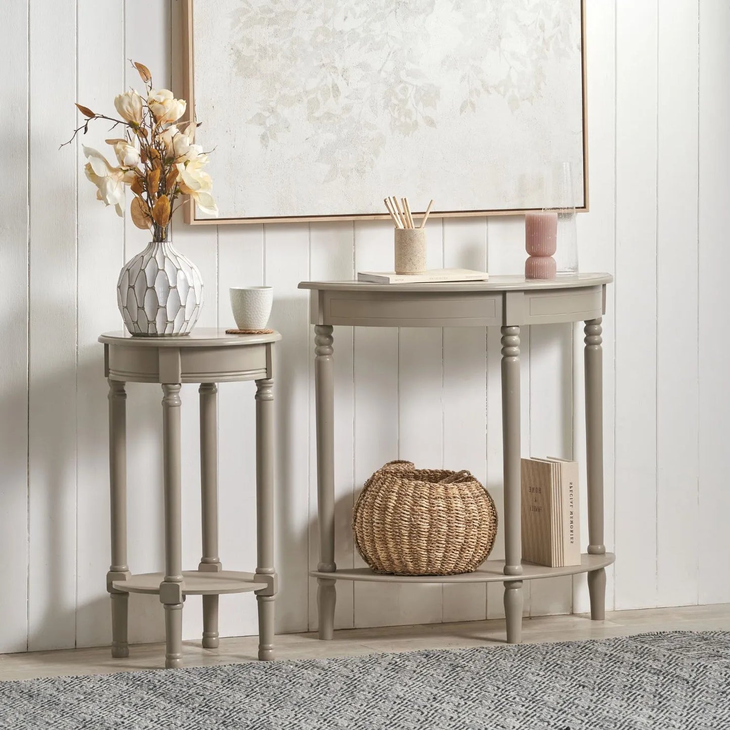 Narrow light beige wooden round side table with shelf – slim pine bedside, accent or occasional table with turned legs and lower storage 72x40x40cm | Click Style