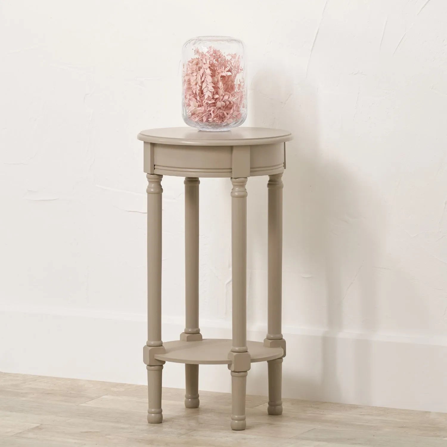 Narrow light beige wooden round side table with shelf – slim pine bedside, accent or occasional table with turned legs and lower storage 72x40x40cm | Click Style