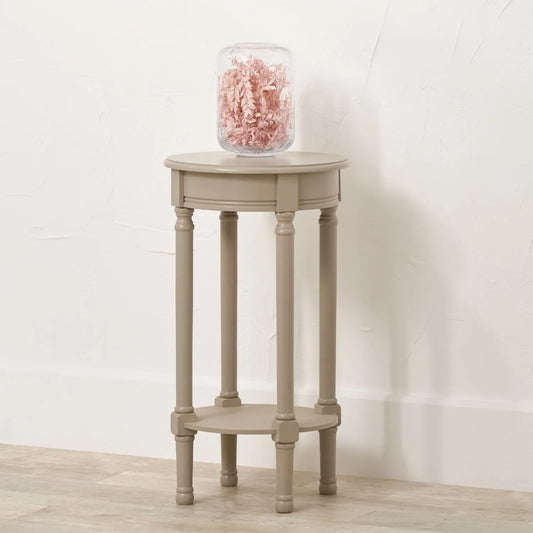 Narrow light beige wooden round side table with shelf – slim pine bedside, accent or occasional table with turned legs and lower storage 72x40x40cm | Click Style