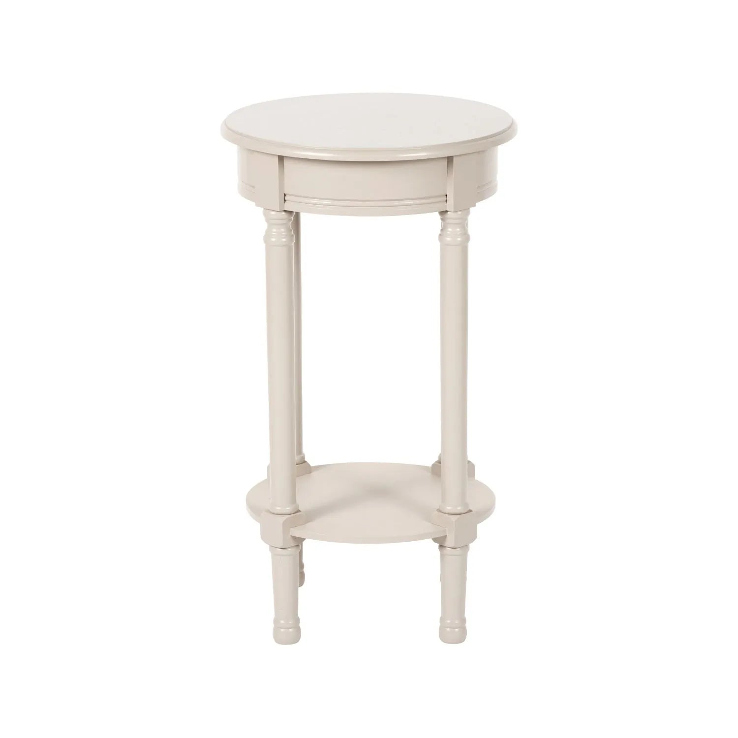 Narrow light beige wooden round side table with shelf – slim pine bedside, accent or occasional table with turned legs and lower storage 72x40x40cm | Click Style