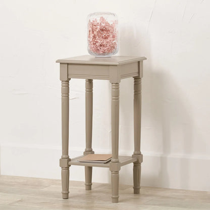 Narrow light beige wooden side table with shelf – slim pine bedside or accent table with turned legs and lower storage 72x36x36cm | Click Style