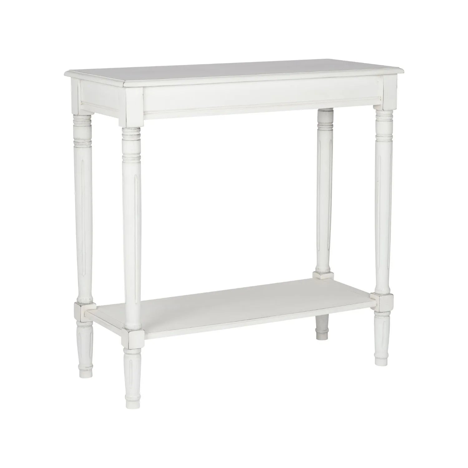 Narrow white wooden console table with shelf – slim 80cm pine hallway console table with turned legs & lower storage 80x80x36cm | Click Style