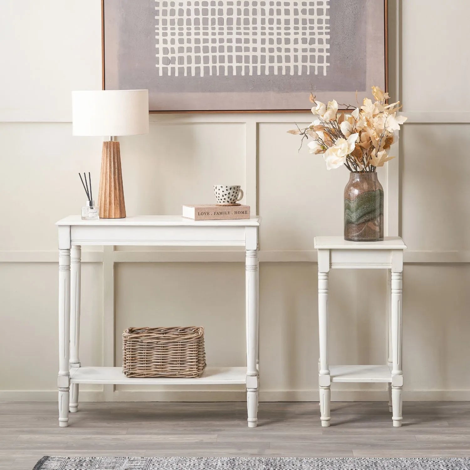 Narrow white wooden console table with shelf – slim 80cm pine hallway console table with turned legs & lower storage 80x80x36cm | Click Style