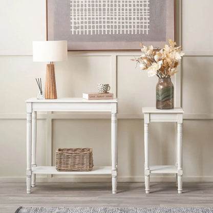 Narrow white wooden console table with shelf – slim 80cm pine hallway console table with turned legs & lower storage 80x80x36cm | Click Style