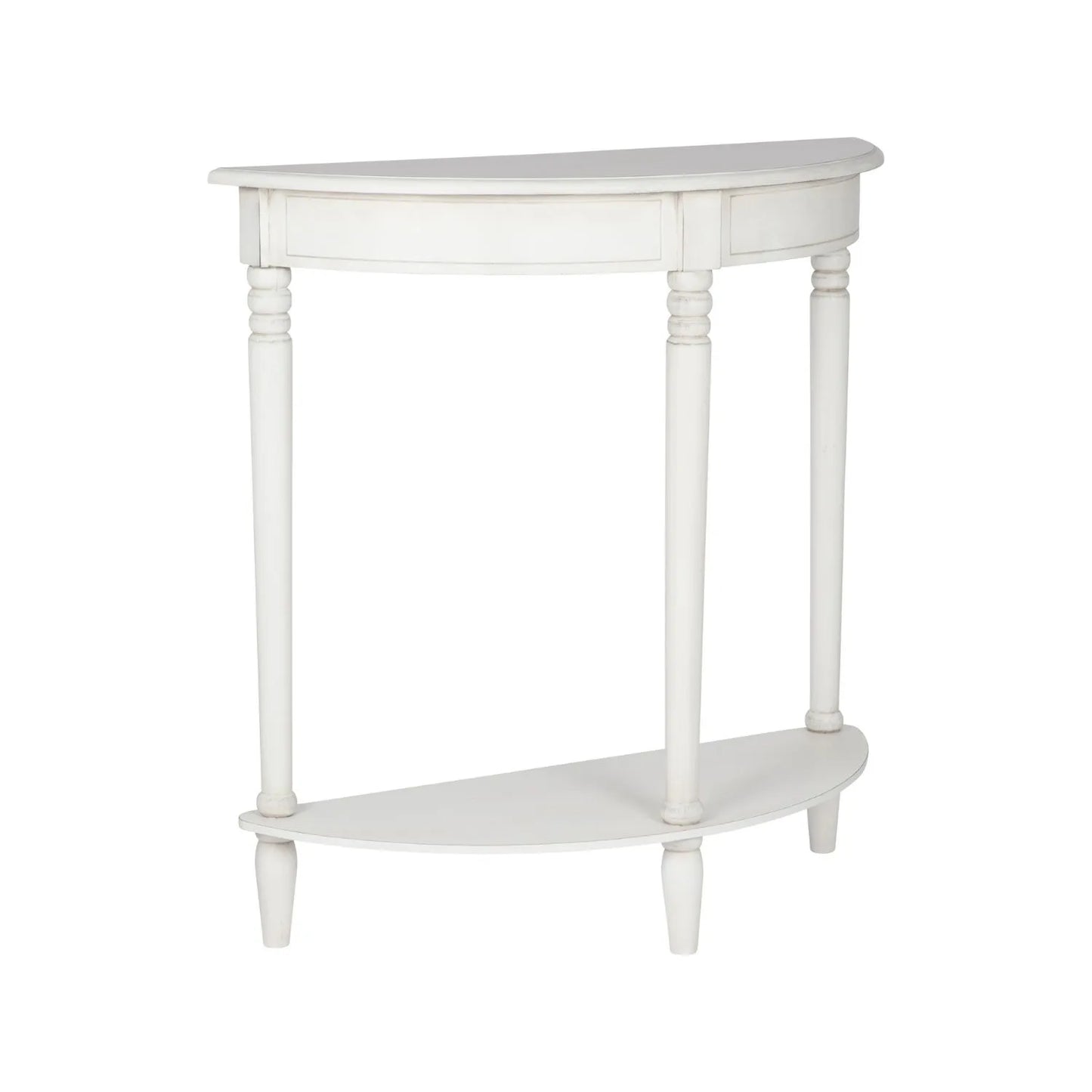 Narrow white wooden half moon console table with lower shelf, slim 30cm pine hallway table with turned legs 80x80x30cm | Click Style