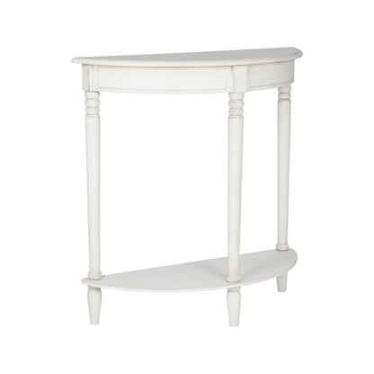 Narrow white wooden half moon console table with lower shelf, slim 30cm pine hallway table with turned legs 80x80x30cm | Click Style