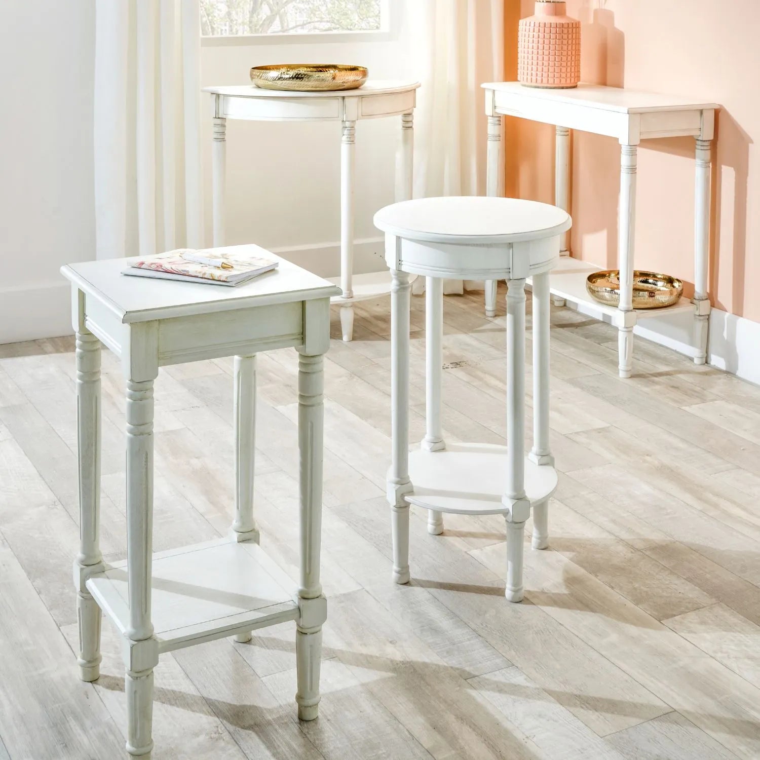 Narrow white wooden half moon console table with lower shelf, slim 30cm pine hallway table with turned legs 80x80x30cm | Click Style