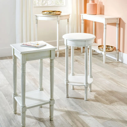 Narrow white wooden half moon console table with lower shelf, slim 30cm pine hallway table with turned legs 80x80x30cm | Click Style