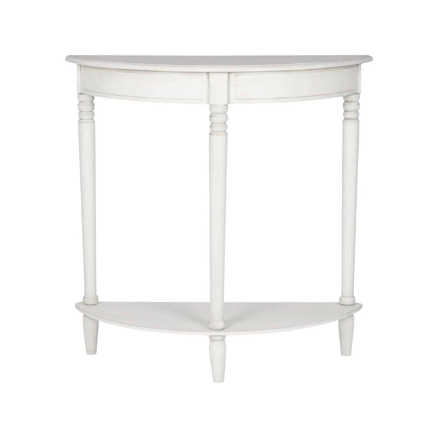 Narrow white wooden half moon console table with lower shelf, slim 30cm pine hallway table with turned legs 80x80x30cm | Click Style