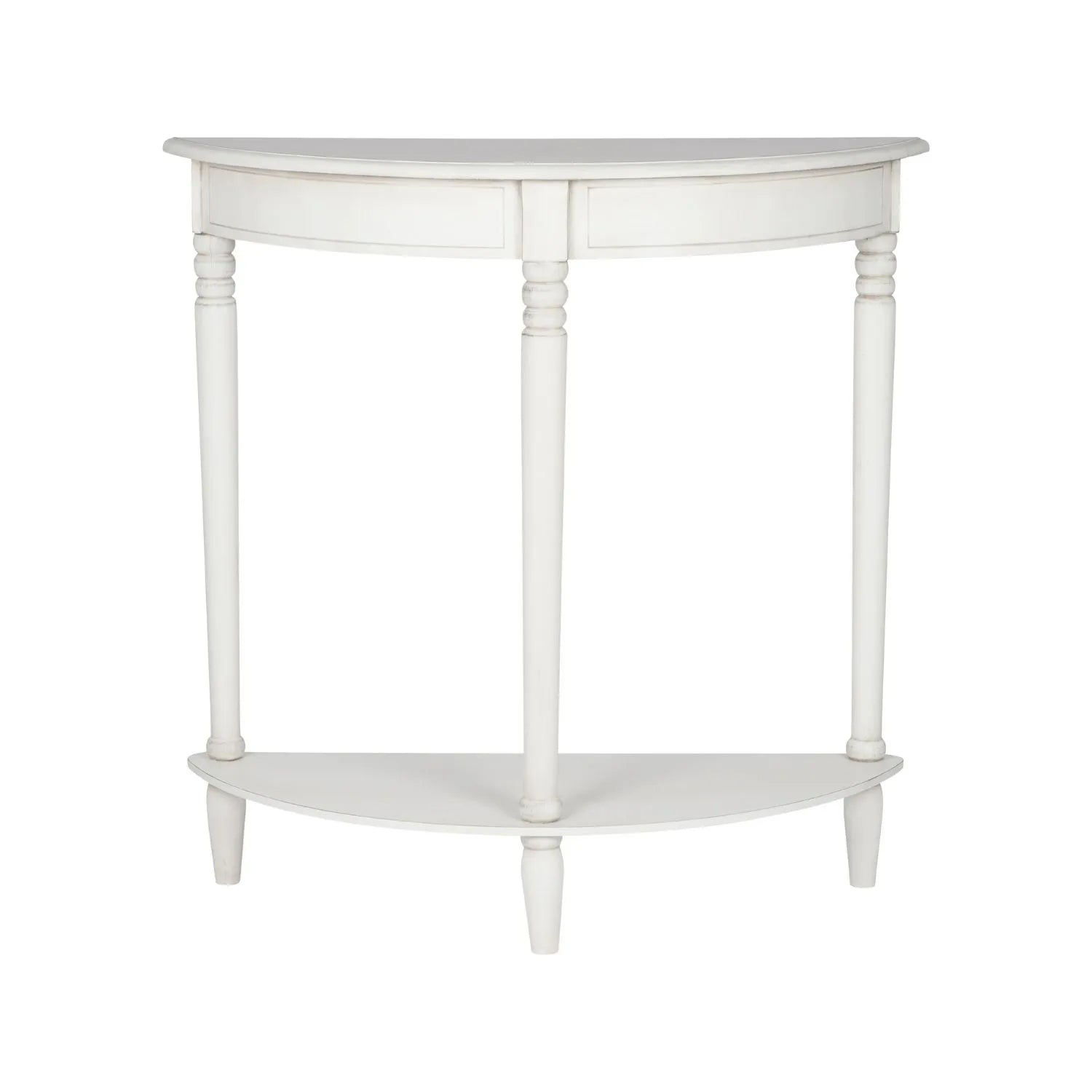 Narrow white wooden half moon console table with lower shelf, slim 30cm pine hallway table with turned legs 80x80x30cm | Click Style