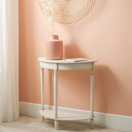 Narrow white wooden half moon console table with lower shelf, slim 30cm pine hallway table with turned legs 80x80x30cm | Click Style