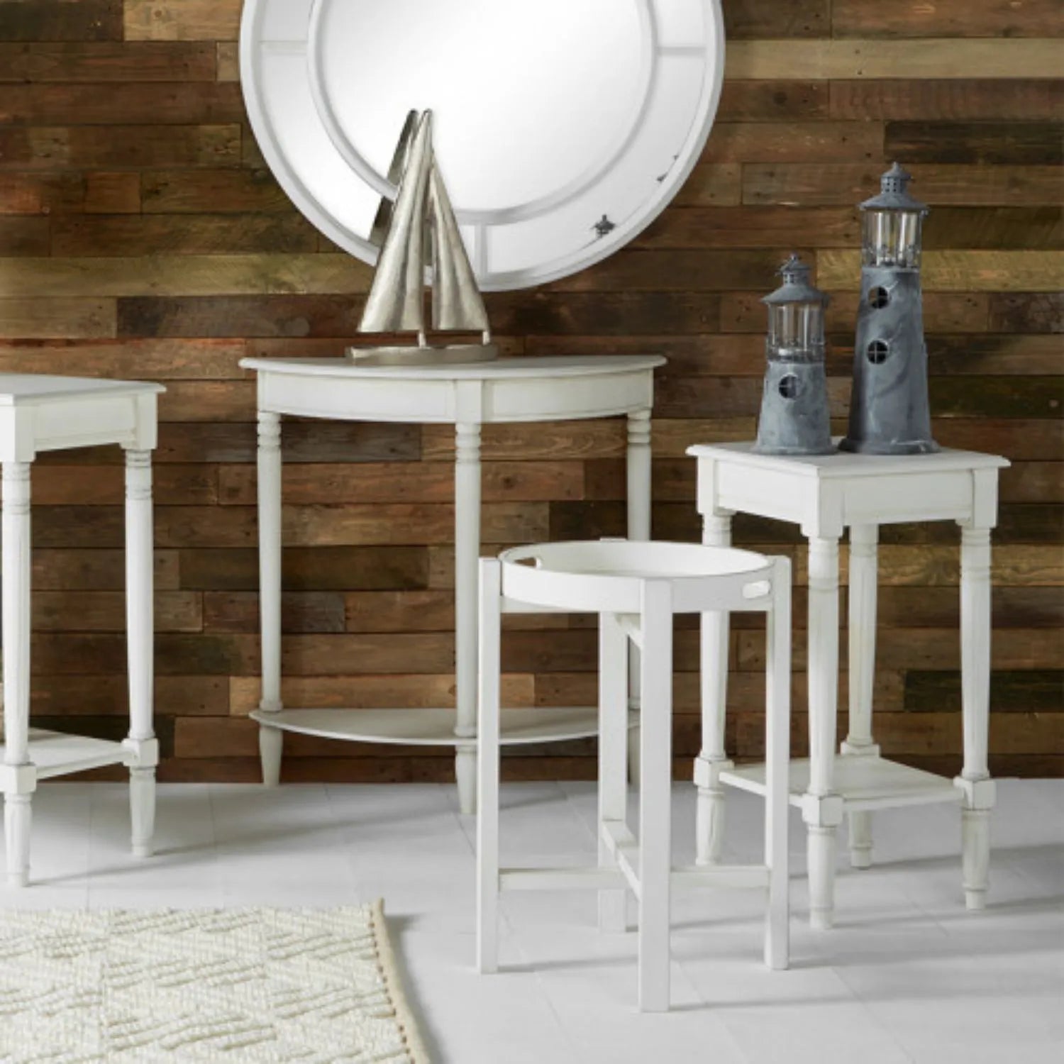 Narrow white wooden half moon console table with lower shelf, slim 30cm pine hallway table with turned legs 80x80x30cm | Click Style