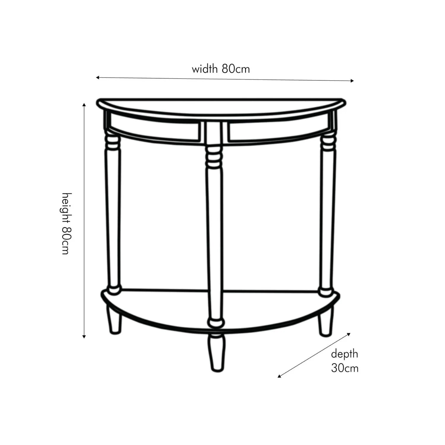 Narrow white wooden half moon console table with lower shelf, slim 30cm pine hallway table with turned legs dimensions 80x80x30cm | Click Style