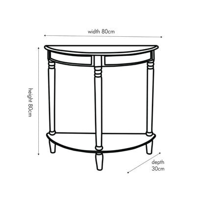 Narrow white wooden half moon console table with lower shelf, slim 30cm pine hallway table with turned legs dimensions 80x80x30cm | Click Style