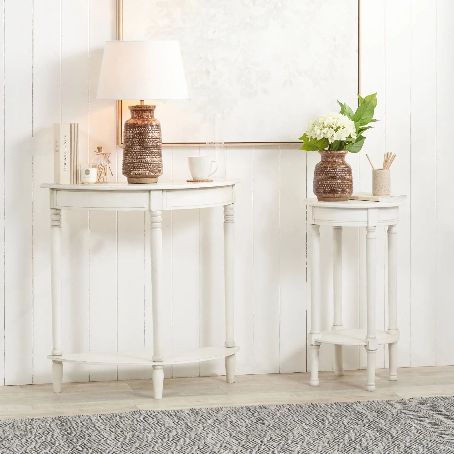 Narrow white wooden half moon console table with lower shelf, slim 30cm pine hallway table with turned legs 80x80x30cm | Click Style