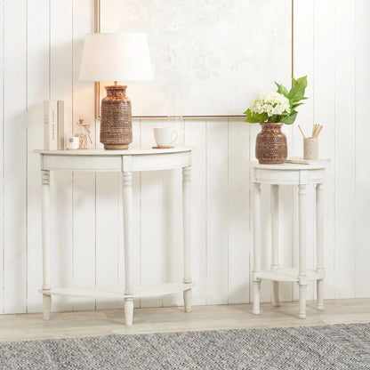 Narrow white wooden half moon console table with lower shelf, slim 30cm pine hallway table with turned legs 80x80x30cm | Click Style