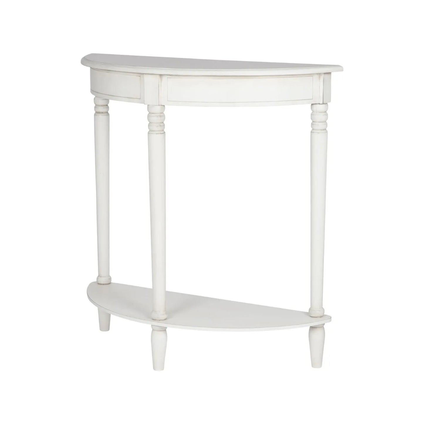 Narrow white wooden half moon console table with lower shelf, slim 30cm pine hallway table with turned legs 80x80x30cm | Click Style