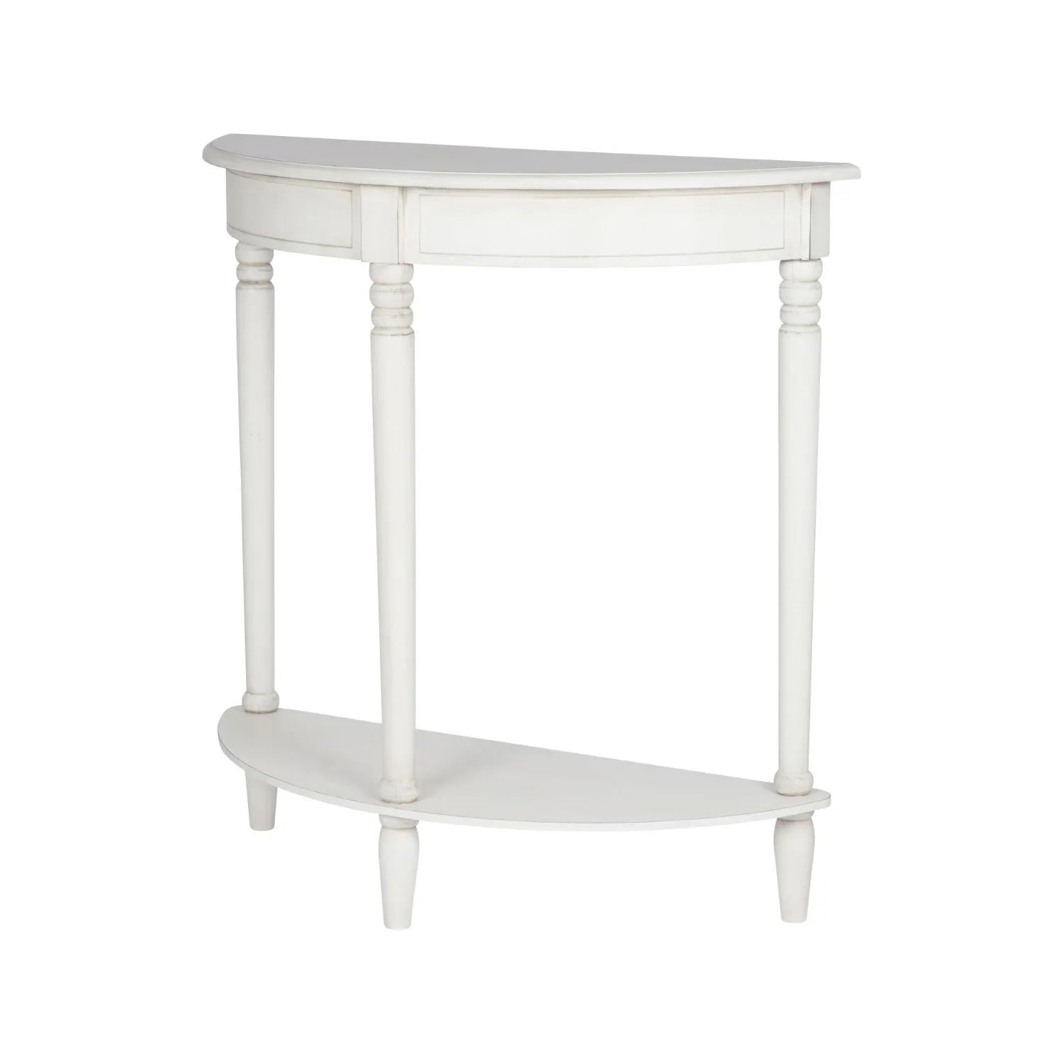 Narrow white wooden half moon console table with lower shelf, slim 30cm pine hallway table with turned legs 80x80x30cm | Click Style