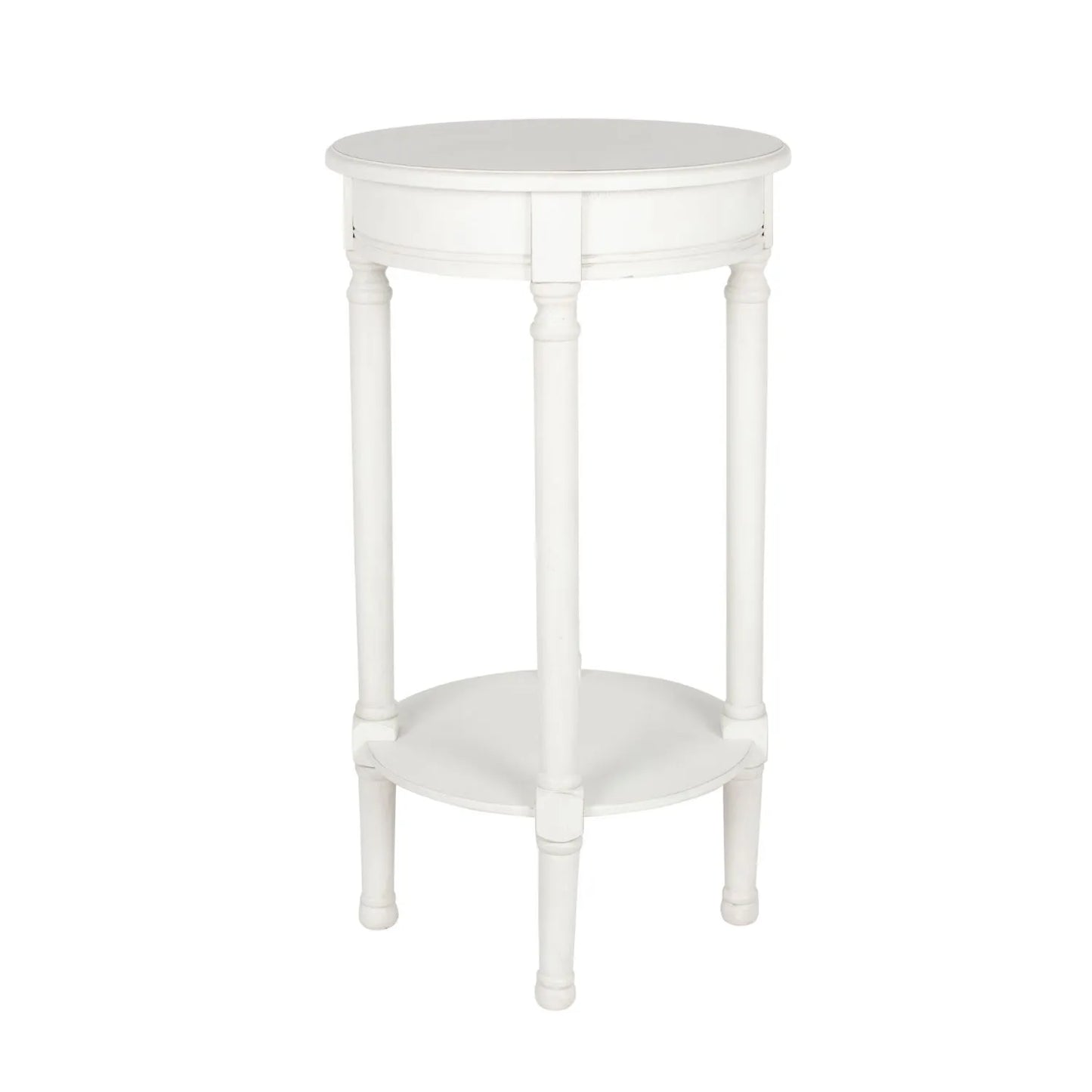 Narrow white wooden round side table with shelf – slim pine bedside, accent or occasional table with turned legs and lower storage 72x40x40cm | Click Style