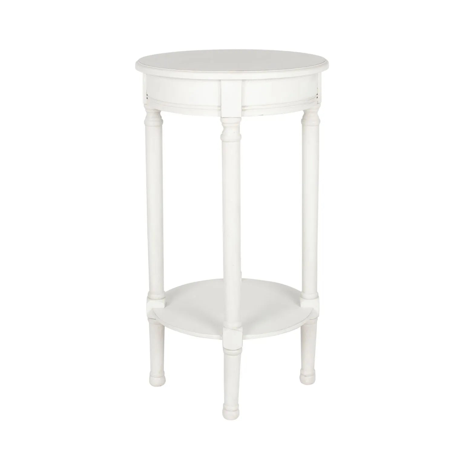 Narrow white wooden round side table with shelf – slim pine bedside, accent or occasional table with turned legs and lower storage 72x40x40cm | Click Style