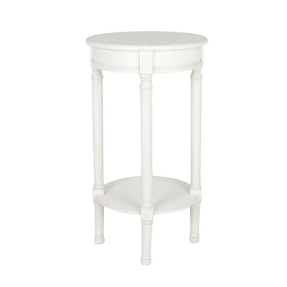 Narrow white wooden round side table with shelf – slim pine bedside, accent or occasional table with turned legs and lower storage 72x40x40cm | Click Style