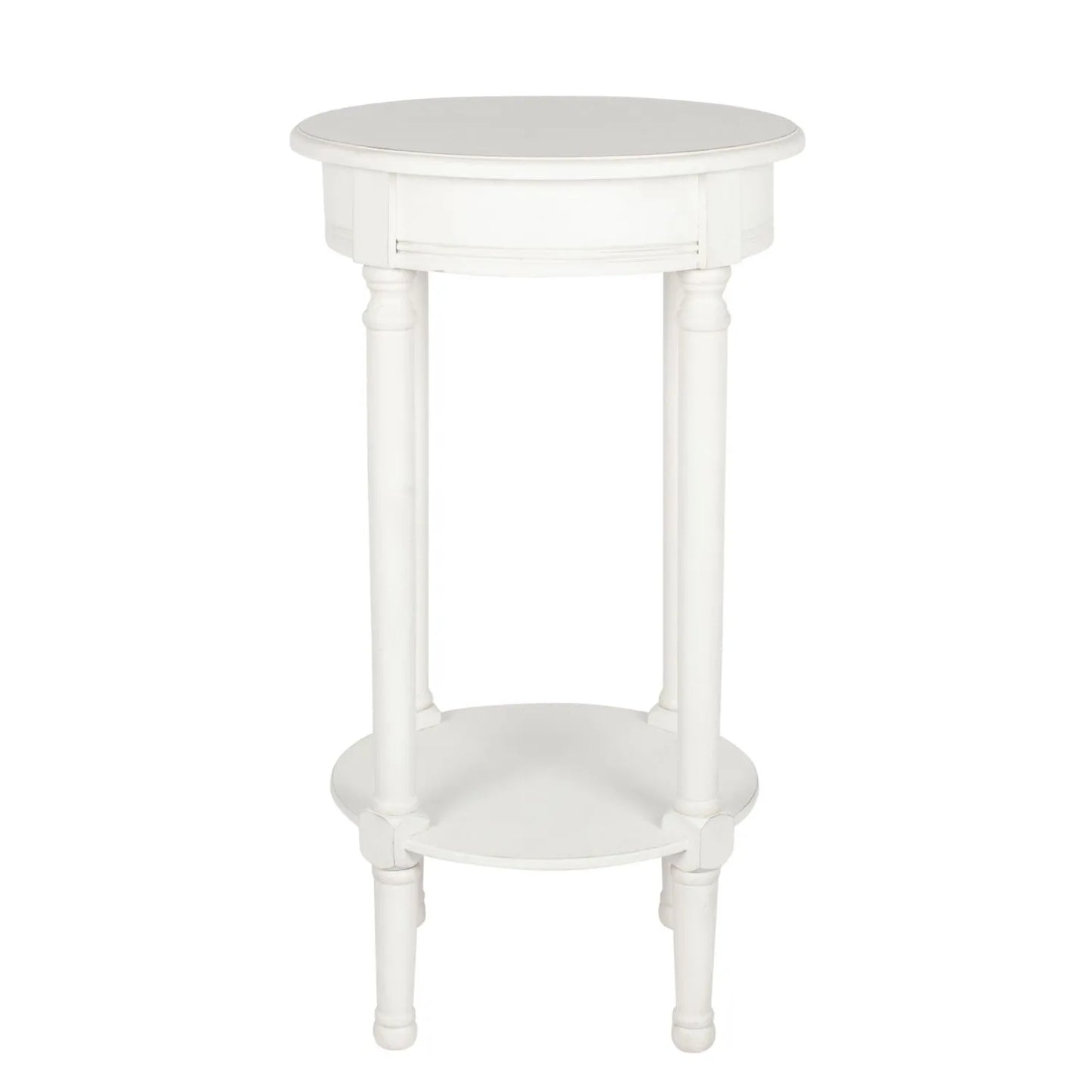 Narrow white wooden round side table with shelf – slim pine bedside, accent or occasional table with turned legs and lower storage 72x40x40cm | Click Style