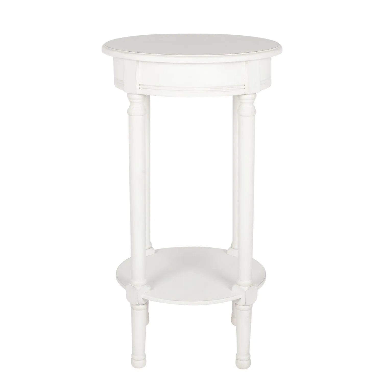Narrow white wooden round side table with shelf – slim pine bedside, accent or occasional table with turned legs and lower storage 72x40x40cm | Click Style