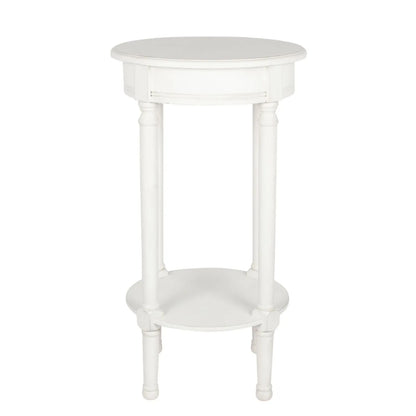 Narrow white wooden round side table with shelf – slim pine bedside, accent or occasional table with turned legs and lower storage 72x40x40cm | Click Style