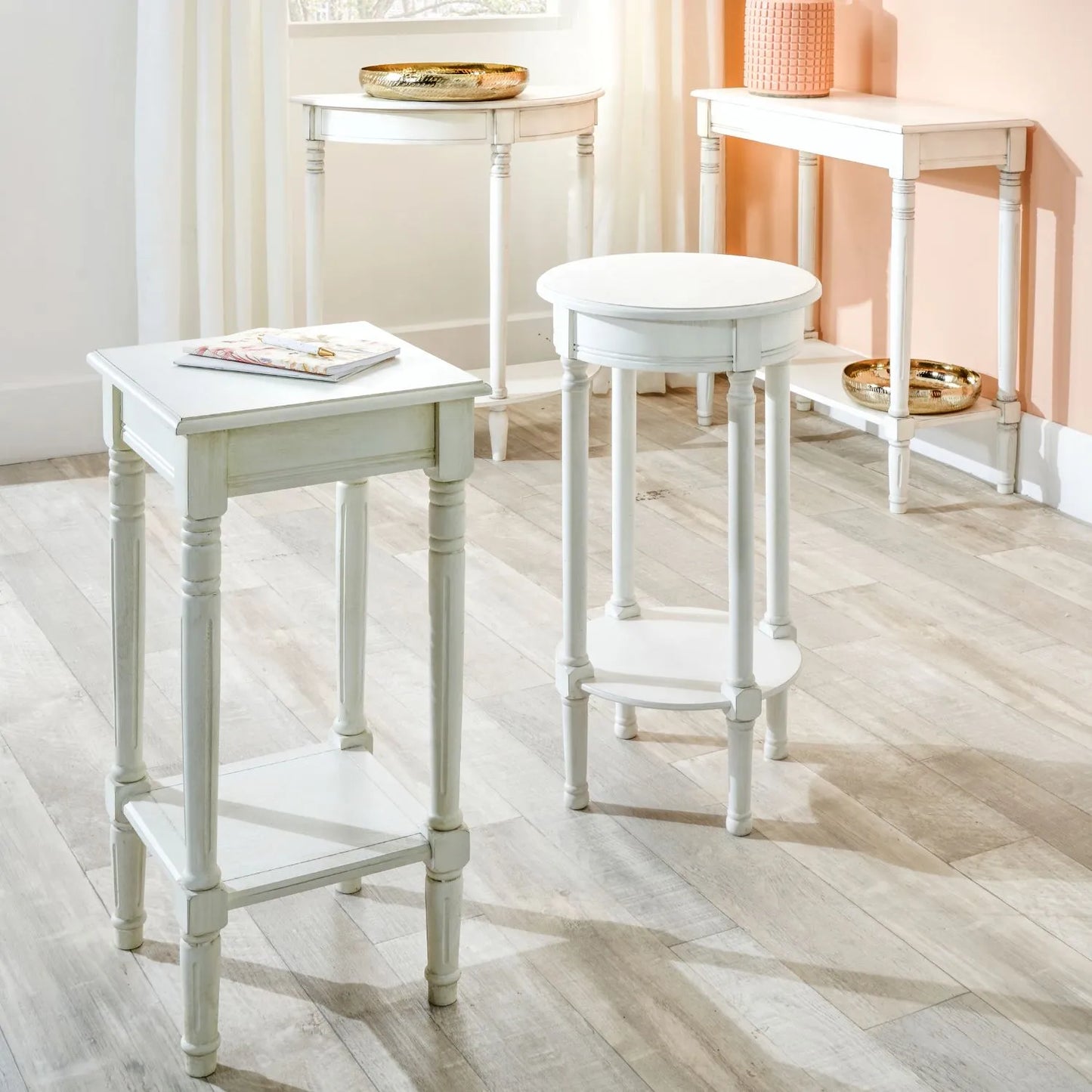 Narrow white wooden round side table with shelf – slim pine bedside, accent or occasional table with turned legs and lower storage 72x40x40cm | Click Style