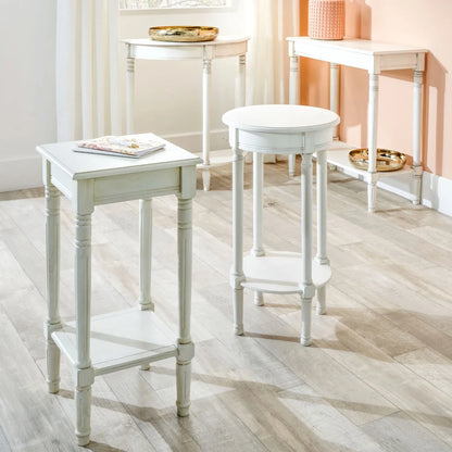 Narrow white wooden round side table with shelf – slim pine bedside, accent or occasional table with turned legs and lower storage 72x40x40cm | Click Style