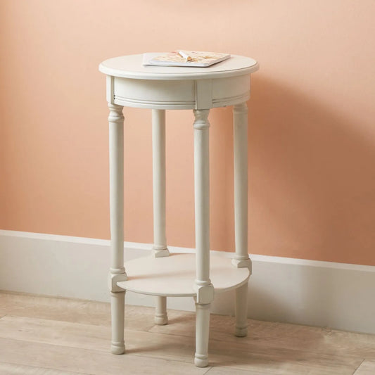 Narrow white wooden round side table with shelf – slim pine bedside, accent or occasional table with turned legs and lower storage 72x40x40cm | Click Style