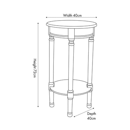 Narrow white wooden round side table with shelf – slim pine bedside, accent or occasional table with turned legs and lower storage dimensions 72x40x40cm | Click Style