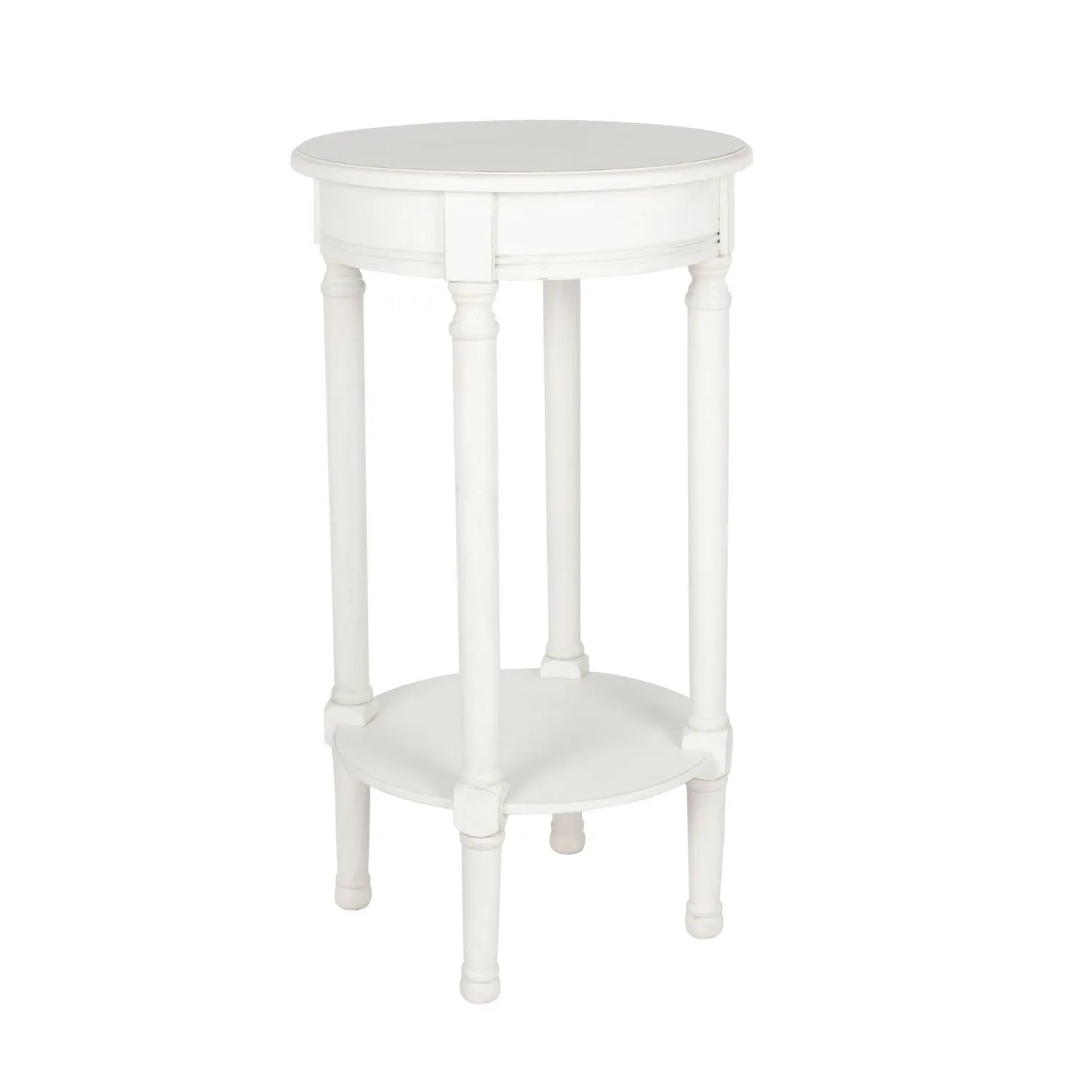 Narrow white wooden round side table with shelf – slim pine bedside, accent or occasional table with turned legs and lower storage 72x40x40cm | Click Style