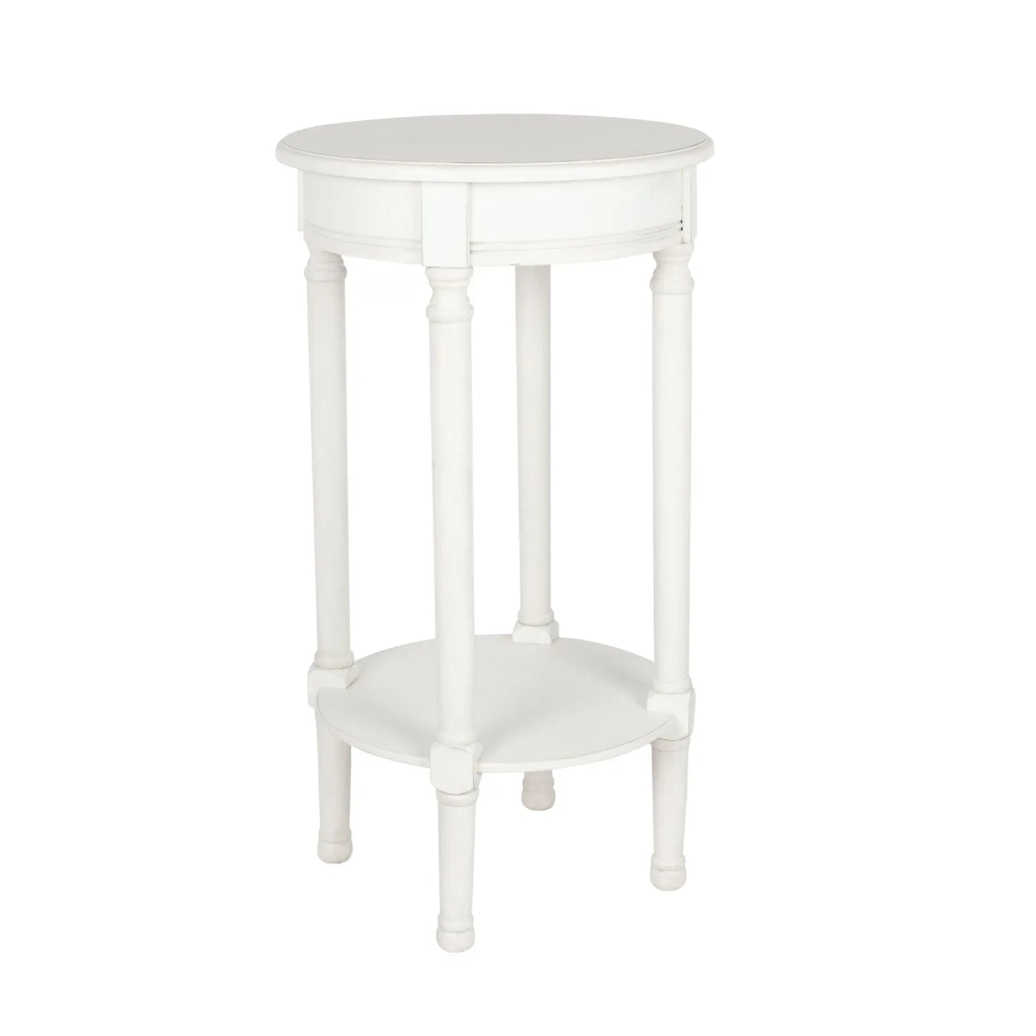 Narrow white wooden round side table with shelf – slim pine bedside, accent or occasional table with turned legs and lower storage 72x40x40cm | Click Style
